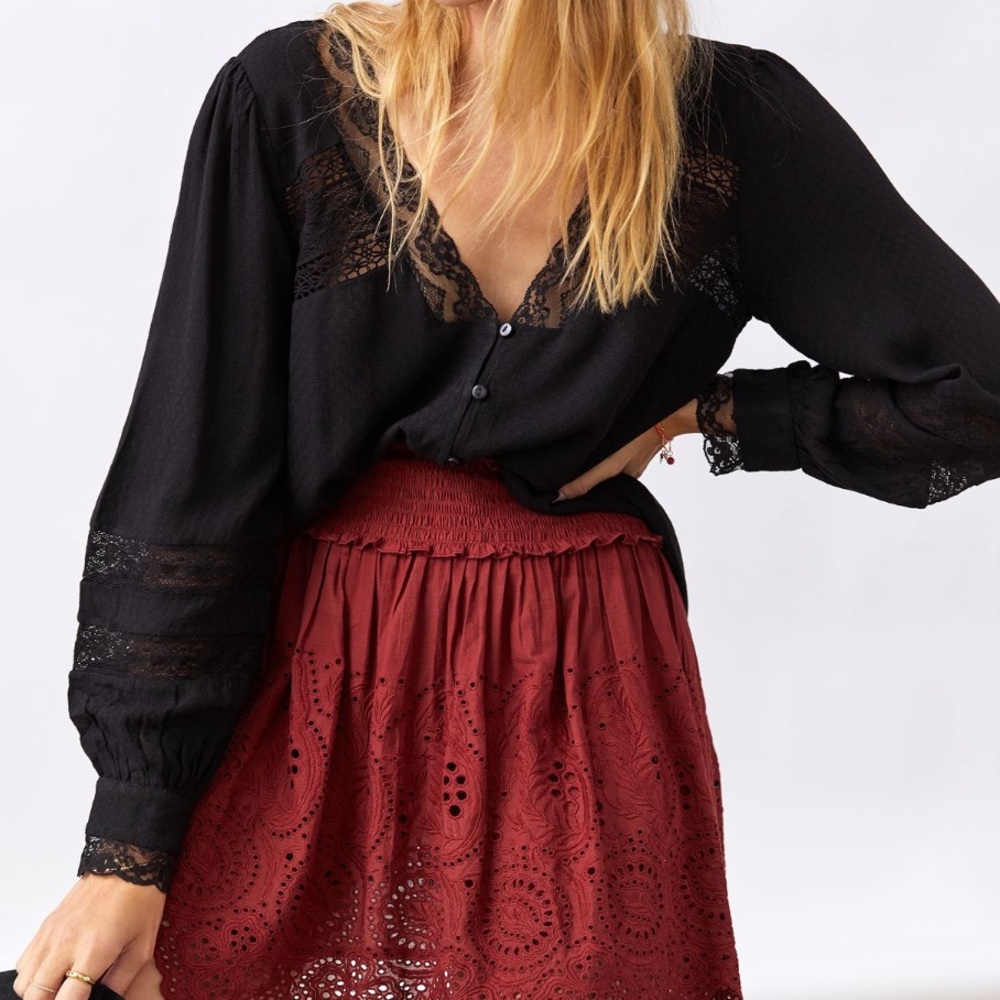 Anthropologie Black Lace Puff Sleeved Blouse